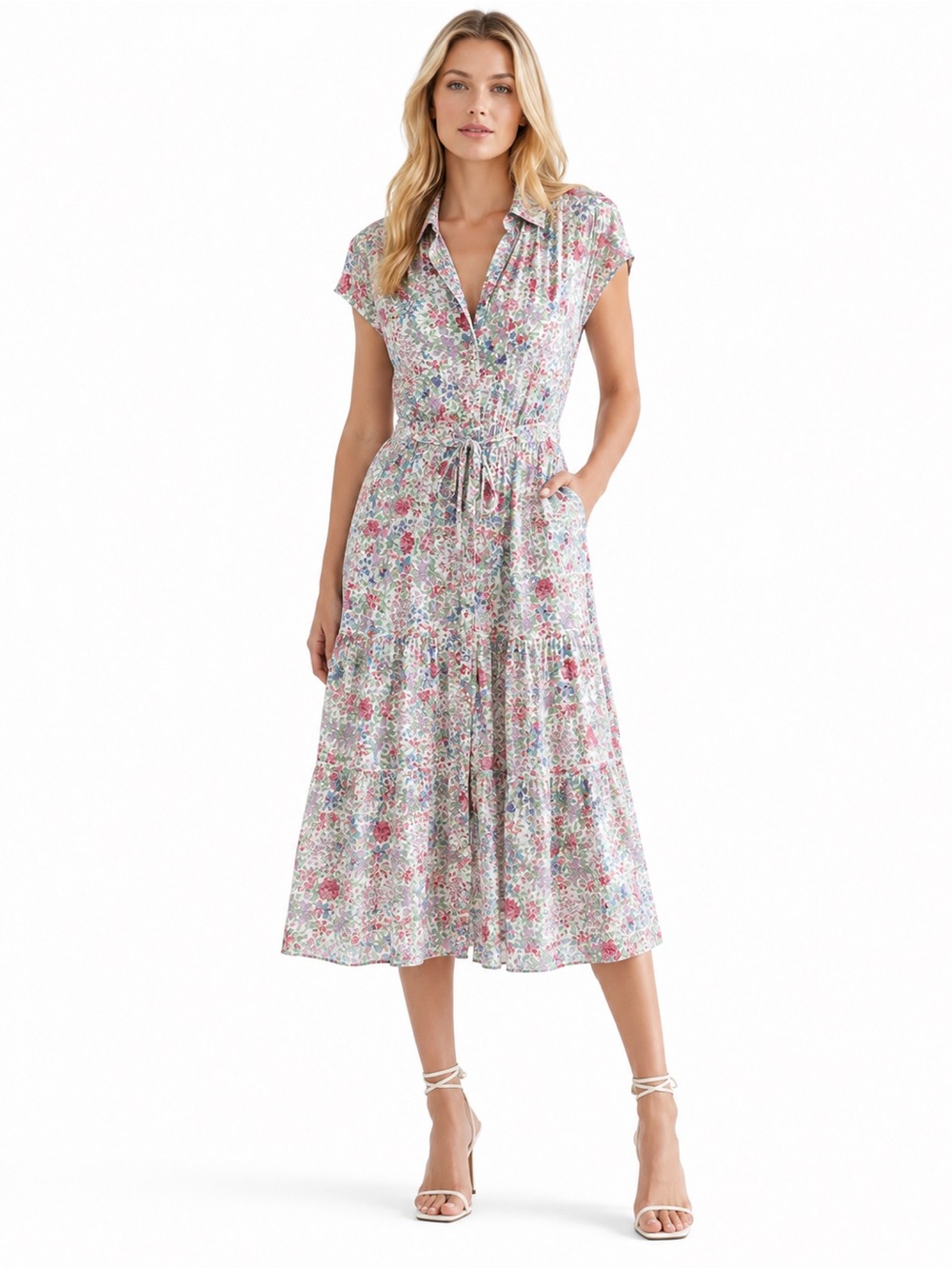 April Cornell Pink Multi Floral Tie-Waist Midi Dress